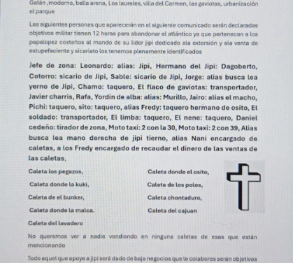 Panfleto con amenazas de “limpieza social” genera temor en barrios de Barranquilla y Soledad
