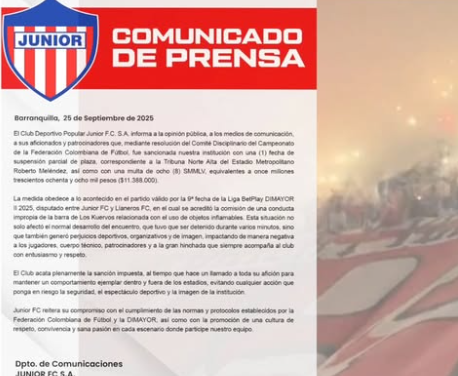 Junior sancionado con cierre parcial de tribuna y multa superior a $11 millones