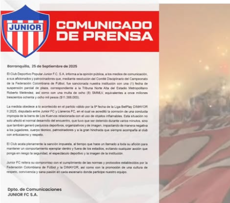 Junior sancionado con cierre parcial de tribuna y multa superior a $11 millones